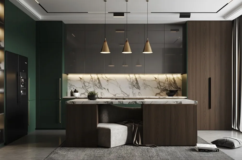 modern luxury kitchen cabinets with marble backsplash and dark wood island