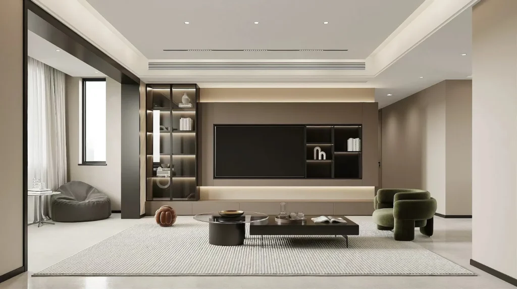 modern TV cabinet with storage drawers and wall-mounted panel