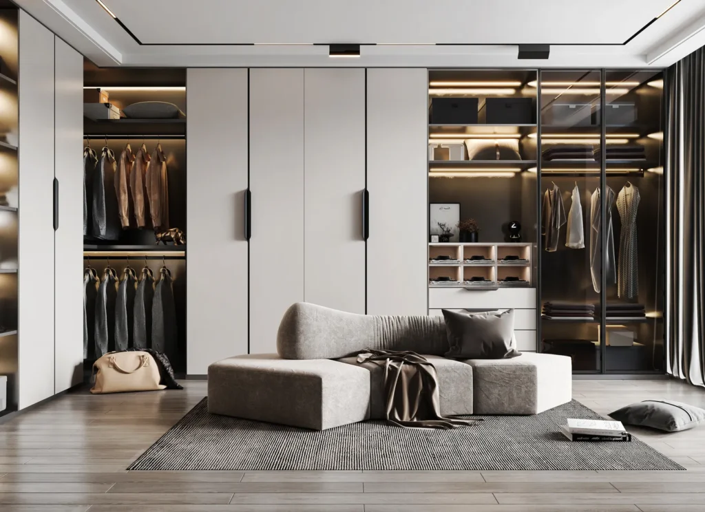 custom sliding door wardrobe with built-in storage and modern finishes