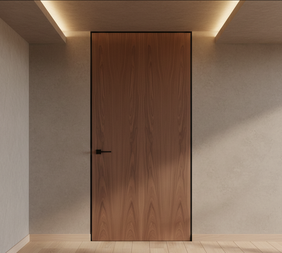Modern walnut flush door in a contemporary lounge with beige walls and marble flooring.