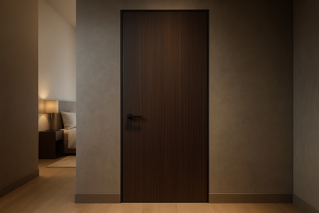 Dark walnut veneer flush door at a modern bedroom entry with soft ambient lighting.