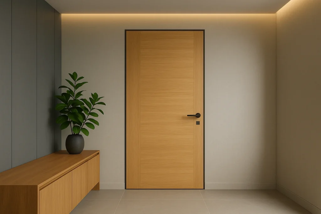 Light oak flush door in a modern hallway with grey wall panels and warm recessed lighting.