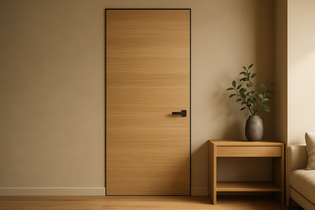 Light oak wood veneer flush door with a slim black handle in a warm modern interior.