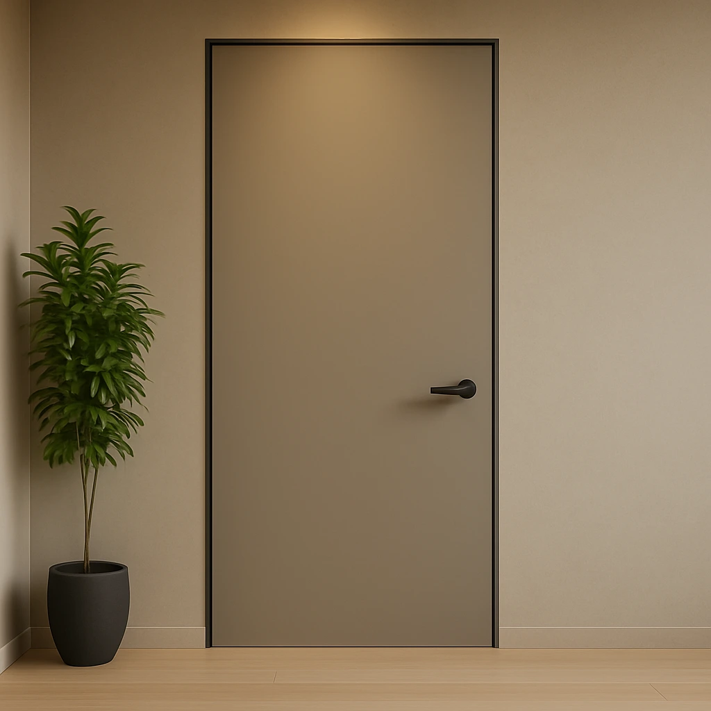 Matte greige flush door with a minimalist black handle in a modern neutral-toned living area.