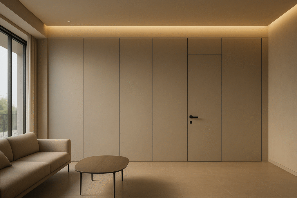 Warm greige soft-touch matte flush door integrated into a luxury minimalist living room wall.