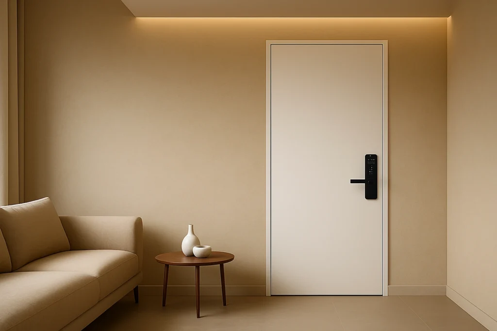 White matte flush door with a black smart lock in a minimalist beige modern interior.